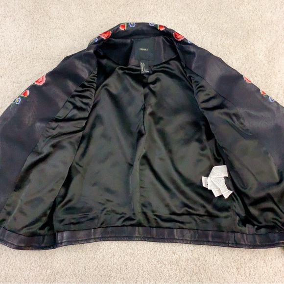 Floral Embroidered Black Faux Leather Biker Jacket - Picture 7 of 10